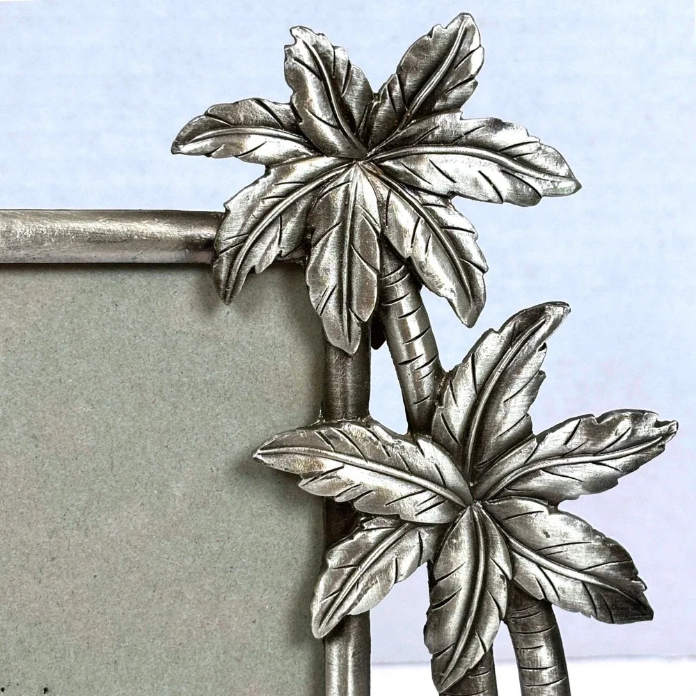 Vtg 90s Pewter Tone Tropical Beach Photo Frame Palm Trees Seashells Coastal 4x6